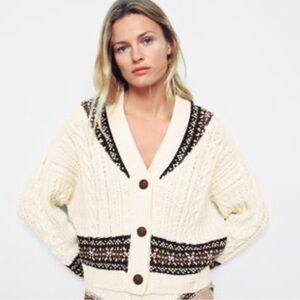Zara Cream and Brown Cardigan Sweater
